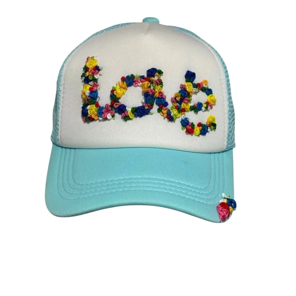 Hand Embroidered LOVE Floral Truckers Hat